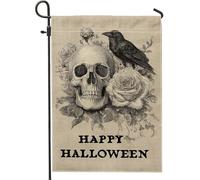 Bandiera da giardino con teschio di Halloween e rose, striscione in iuta con corvo nero, per decorazione autunnale all'aperto, bandiera da cortile su entrambi i lati per feste 30,5 x 45,7 cm