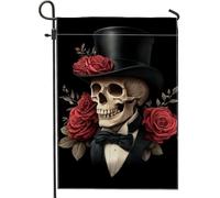 Bandiera da giardino con teschio di Halloween, scheletro vintage nero con rose rosse, striscione decorativo per la casa, bandiera in iuta su entrambi i lati, decorazione per esterni, 30,5 x 45,7 cm