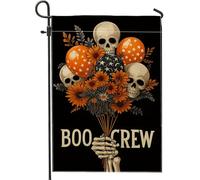 Bandiera da giardino con teschio e fiori di Halloween, decorazione scheletro nero Boo Crew a doppio lato, per feste autunnali, decorazione per prato 30,5 x 45,7 cm