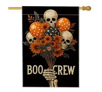 Bandiera da giardino con teschio e fiori di Halloween, decorazione scheletro nero Boo Crew a doppio lato, per feste autunnali, decorazione per prato 71 x 101 cm