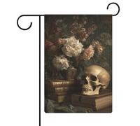 Bandiera da giardino con teschio e vecchi libri, in tela da imballaggio, double face, 30,5 x 45,7 cm
