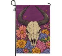 Bandiera da giardino con teschio floreale, teschio di mucca viola con fiori, decorazione per esterni, striscione estivo per la casa, bandiera da cortile in stile bohémien, per decorazione del prato