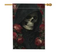 Bandiera da giardino con teschio gotico, rose rosse, striscione decorativo per la casa, bandiera in iuta su entrambi i lati, per Halloween, decorazione per prato all'aperto, 71 x 101 cm