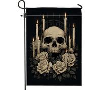 Bandiera da giardino con teschio gotico, teschio nero con rose e candele, striscione decorativo per la casa, bandiera da cortile in iuta su entrambi i lati, per Halloween, decorazione per prato
