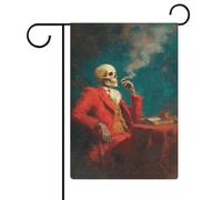 Bandiera da giardino con teschio in abito rosso seduto a tavola, in iuta su entrambi i lati, 30,5 x 45,7 cm