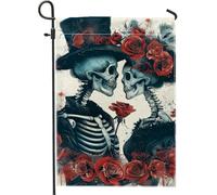 Bandiera da giardino con teschio rosa rossa, romantica primavera ed estate, decorazione vintage double face per prato esterno, 30,5 x 45,7 cm