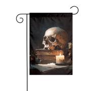 Bandiera da giardino con teschio su pila di libri con candela, 30 x 45 cm, verticale, double face, decorazione per casa colonica