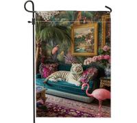 Bandiera da giardino con tigre della giungla tropicale, bandiera colorata floreale con animali per esterni, bandiera su entrambi i lati in iuta per prato decorazione per la casa per le vacanze 30,5 x