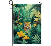 Bandiera da giardino con tigre della giungla tropicale, foglie di felce verde e fiori gialli, decorazione per esterni, striscione su entrambi i lati per la decorazione estiva del prato 30,5 x 45,7 cm