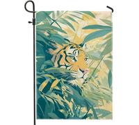 Bandiera da giardino con tigre tropicale, bandiera verde con animali della giungla, bandiera decorativa per la casa, bandiera da cortile in iuta su entrambi i lati, decorazione per prato all'aperto