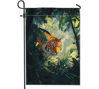 Bandiera da giardino con tigre tropicale, tigre arancione con foglie verdi della giungla, bandiera decorativa per la casa, bandiera da cortile su entrambi i lati, decorazione per prato esterno per