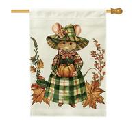 Bandiera da giardino con topi autunnali, motivo a scacchi verdi, decorazione per esterni, in iuta su entrambi i lati, per celebrazione del Ringraziamento, 71 x 101 cm