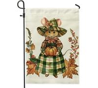 Bandiera da giardino con topi autunnali, motivo a scacchi verdi, decorazione per esterni, in iuta su entrambi i lati, per celebrazione del Ringraziamento, 30,5 x 45,7 cm