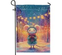 Bandiera da giardino con topo, per le festività invernali con lampioni sulla neve, blu invernale, su entrambi i lati, piccola bandiera da giardino per esterni, portico, prato, patio, terrazza, 30,5 x