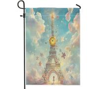Bandiera da giardino con torre di Parigi, fantasioso orologio fantasioso, pezzi di puzzle primaverili blu pastello in iuta su entrambi i lati, piccola bandiera da giardino per esterni, portico, prato