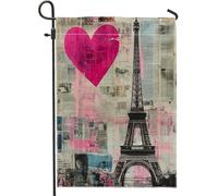 Bandiera da giardino con torre di Parigi, moderna e urbana con testo a forma di cuore, nessuna pesca, in iuta su entrambi i lati, per esterni, patio, prato, portico, ingresso, campeggio, 30,5 x 45,7