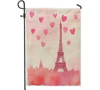 Bandiera da giardino con torre di Parigi, romantici cuori fantasiosi, skyline della città, San Valentino, in iuta color pesca, su entrambi i lati, bandiere decorative per esterni, portico, prato