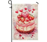 Bandiera da giardino con torta di fragole e cuore di San Valentino, bandiera romantica per esterni con pesca, decorazione per prato su entrambi i lati, bandiera stagionale a tema amore, 30,5 x 45,7 cm