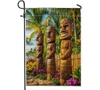 Bandiera da giardino con totem Tiki, statue in legno marrone, bandiera tropicale decorativa per la casa, bandiera da cortile in tessuto su entrambi i lati, per la decorazione estiva all'aperto del