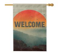 Bandiera da giardino con tramonto di benvenuto, decorazione per la casa con sole e montagna rossa calda, decorazione per cortile, in iuta su entrambi i lati, regalo per feste stagionali, 71 x 101 cm