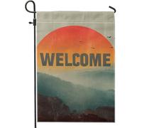 Bandiera da giardino con tramonto di benvenuto, decorazione per la casa con sole e montagna rossa calda, decorazione per cortile, in iuta su entrambi i lati, regalo per feste stagionali, 30,5 x 45,7