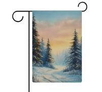 Bandiera da giardino con tramonto invernale, alberi di pino innevato, bandiera da giardino, vacanze stagionali, juta, doppia faccia, bandiere, 30,5 x 45,7 cm