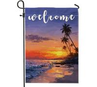 Bandiera da giardino con tramonto tropicale di benvenuto, bandiera decorativa da spiaggia con palme viola, bandiera da cortile in iuta su entrambi i lati, decorazione per prato all'aperto per feste
