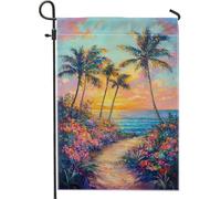 Bandiera da giardino con tramonto tropicale, palme e fiori colorati, decorazione per esterni, bandiera estiva stagionale da cortile, striscione decorativo con natura vibrante per la decorazione del