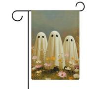 Bandiera da giardino con tre fantasmi in un campo di fiori, in iuta su entrambi i lati, 30,5 x 45,7 cm