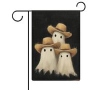 Bandiera da giardino con tre simpatici fantasmi che indossano cappelli da cowboy, bandiere da giardino e vacanze stagionali su entrambi i lati, 30,5 x 45,7 cm