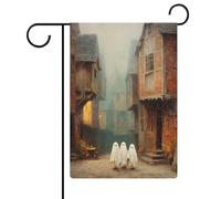 Bandiera da giardino con tre simpatici fantasmi in città vecchia bandiera da giardino per vacanze stagionali in iuta su entrambi i lati per casa cortile bandiere esterne 30,5 x 45,7 cm