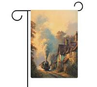 Bandiera da giardino con treno a vapore, motivo treno a vapore, con tramonto e giardino, in iuta su entrambi i lati, 30,5 x 45,7 cm