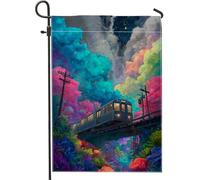 Bandiera da giardino con treno colorato in cielo nuvoloso, striscione decorativo per la casa arcobaleno vibrante, bandiera da cortile in iuta su entrambi i lati, per decorazione esterna del prato