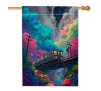 Bandiera da giardino con treno colorato in cielo nuvoloso, striscione decorativo per la casa arcobaleno vibrante, bandiera da cortile in iuta su entrambi i lati per decorazione esterna del prato 71 x