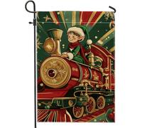 Bandiera da giardino con treno di Natale, bandiera rossa decorativa per le vacanze, doppia faccia in iuta per esterni per vacanze invernali, cartello natalizio da giardino, patio, decorazione per