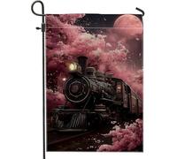 Bandiera da giardino con treno floreale primaverile, locomotiva vintage con fiori di ciliegie di pesco, decorazione per esterni, striscione in iuta su entrambi i lati, per decorazione del prato e