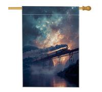 Bandiera da giardino con treno notturno mistico, bandiera blu con paesaggio stellato per la decorazione della casa, bandiera su entrambi i lati in iuta da cortile decorazione per prato esterno 71 x