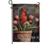 Bandiera da giardino con tulipani cardinali primaverili, bandiera da giardino con uccelli rossi e fiori rustici, bandiera decorativa per la casa, in iuta su entrambi i lati, decorazione stagionale per