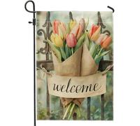 Bandiera da giardino con tulipani di benvenuto primaverile, fiori colorati in stile rustico per esterni, decorazione per la casa, doppio lato, decorazione da cortile per feste di festa, 30,5 x 45,7 cm