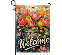 Bandiera da giardino con tulipani, secchiello floreale primaverile per api primaverili color pesca, doppia faccia, piccola bandiera da giardino per esterni, patio, prato, portico anteriore, balcone