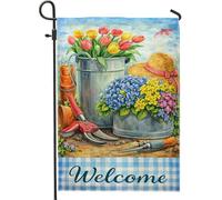 Bandiera da giardino con tulipani, strumenti da giardino rustici primaverili, multicolori, su entrambi i lati, bandiere decorative per esterni, portico, prato, patio, terrazza, 30,5 x 45,7 cm