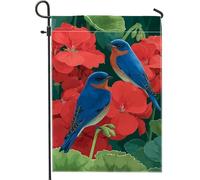 Bandiera da giardino con uccelli blu primaverili ed estivi, striscione decorativo floreale colorato rosso geranio per esterni, bandiera da cortile in poliestere su entrambi i lati, per la decorazione