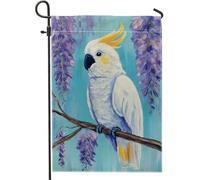 Bandiera da giardino con uccelli colorati primaverili ed estivi, cacatua bianco, glicine e decorazione per la casa, striscione da giardino, bandiera da giardino in iuta su entrambi i lati, decorazione