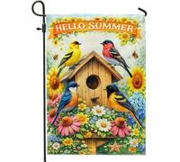 Bandiera da giardino con uccelli, fiori estivi vibranti per la casetta degli uccelli, in iuta gialla estiva su entrambi i lati, per esterni, prato, portico, patio, ingresso, 30,5 x 45,7 cm