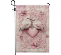Bandiera da giardino con uccelli innamorati e pesca, bandiera decorativa a forma di cuore per la casa, bandiere da giardino in iuta su entrambi i lati per la decorazione del prato esterno 30,5 x 45,7
