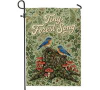 Bandiera da giardino con uccelli, natura fantasiosa funghi albero ceppo verde primavera doppia faccia bandiere decorative esterne per esterni patio prato anteriore portico balcone 30,5 x 45,7 cm