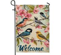 Bandiera da giardino con uccelli primaverili ed estivi, bandiere floreali colorate per la decorazione della casa, in iuta su entrambi i lati, decorazione per prato all'aperto per benvenuto stagionale