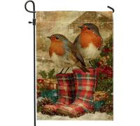 Bandiera da giardino con uccelli, stivali da pioggia rustici invernali con agrifoglio rosso su entrambi i lati, piccola bandiera da giardino per esterni, patio, prato, portico anteriore, balcone, 30,5