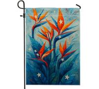 Bandiera da giardino con uccelli tropicali vibranti del paradiso, fiori tropicali arancioni, decorazione per la casa e il cortile, decorazione colorata su entrambi i lati, per esterni, per l'estate