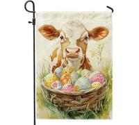 Bandiera da giardino con uova di Pasqua con mucca primaverile, mucca rustica marrone con uova di Pasqua colorate, decorazione per la casa e il cortile, decorazione da giardino su entrambi i lati per